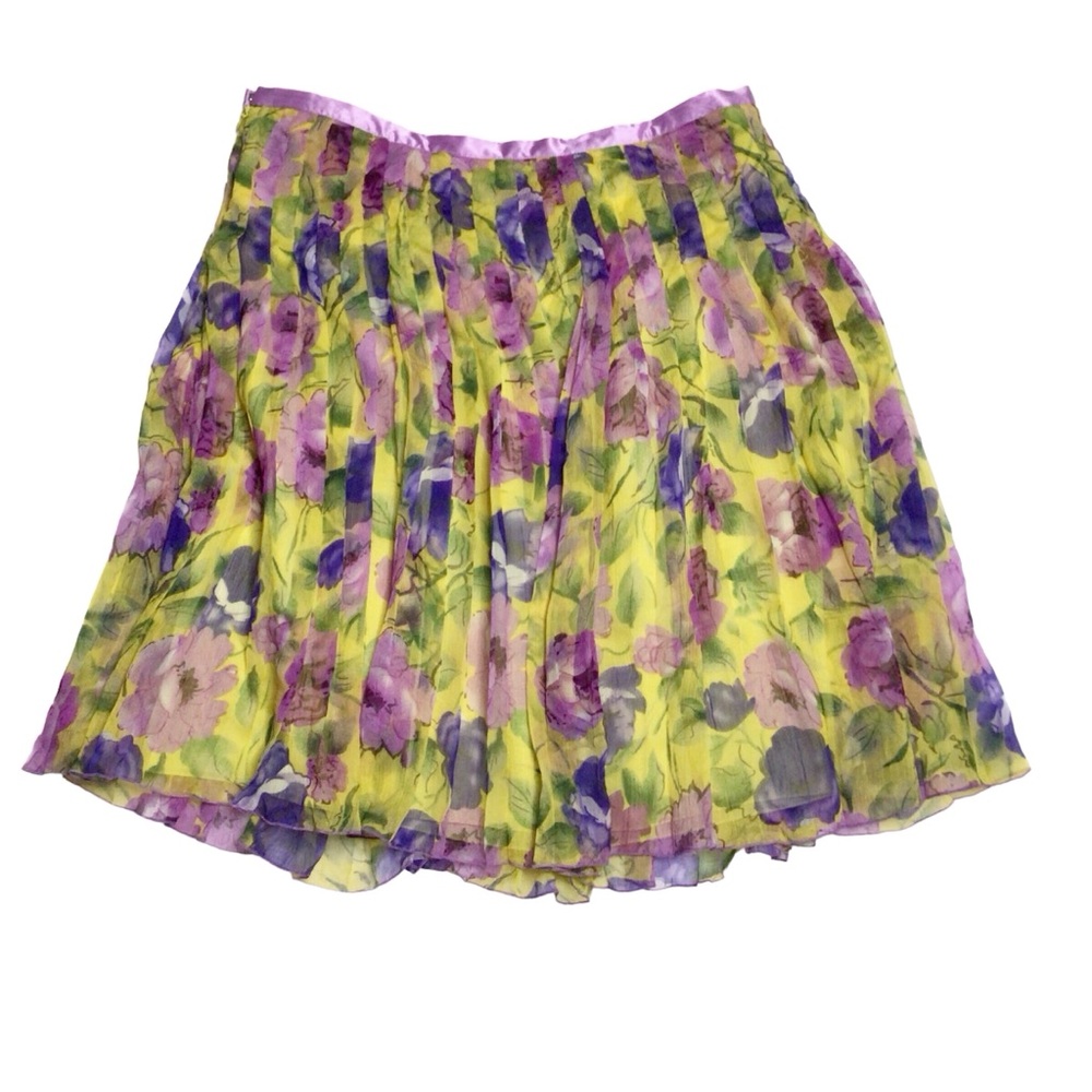 WD.NY Yellow Purple Floral Silk Pleated Skirt Size 14 - Picture 2 of 9